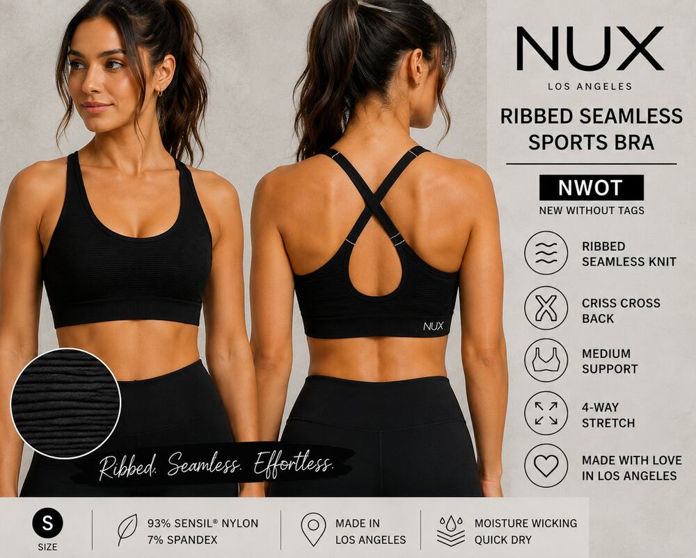 NUX Ribbed Seamless Sports Bra | Black | Size S | NWOT